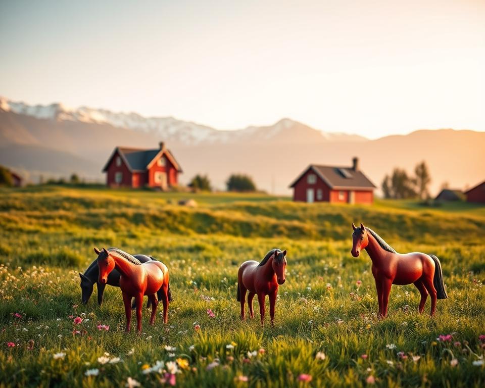 Dalarnapferde in traditioneller Landschaft
