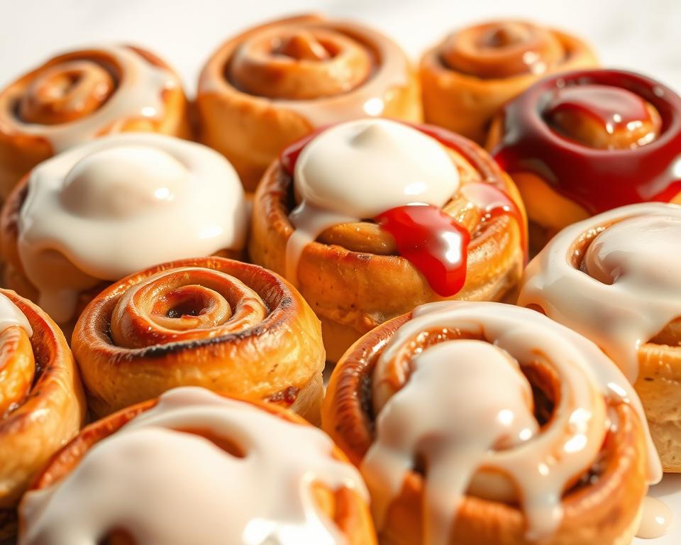 Kanelbullar mit verschiedenen Glasuren