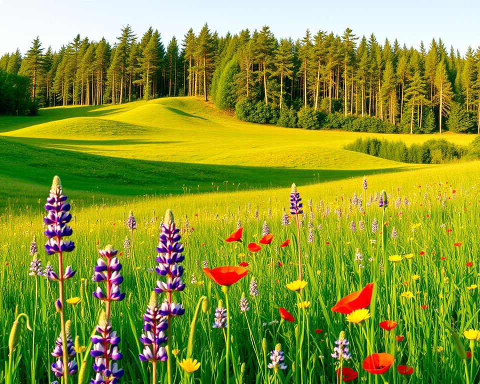 Schwedische Wildblumen in nordischer Wiesenlandschaft