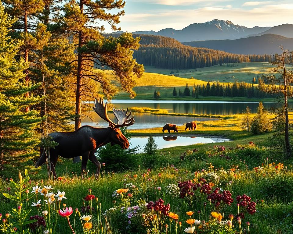 Schwedische Wildtiere und nordische Vegetation