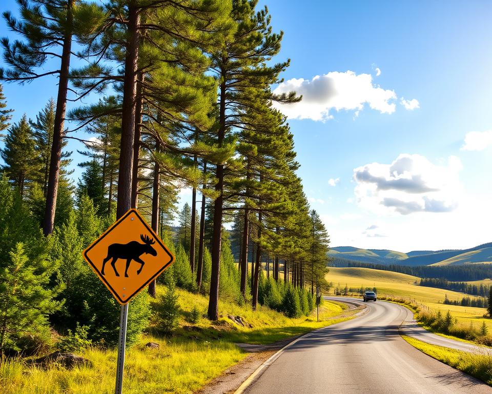 Schwedische Landstraße mit Elch-Warnschildern