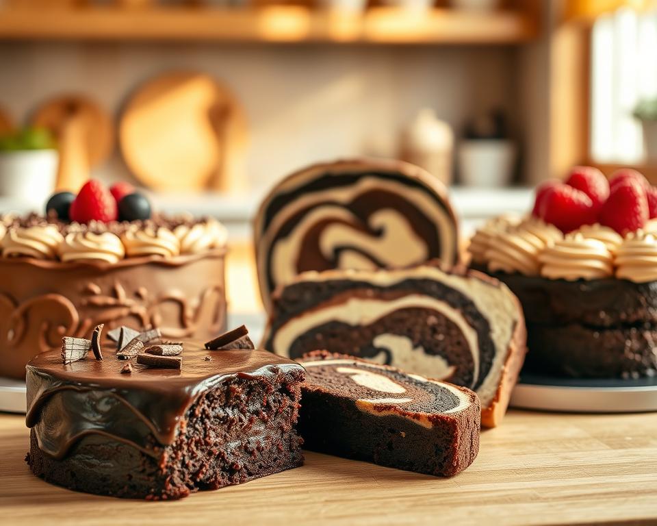 A beautifully arranged display of various chocolate cakes, known as "Schokokuchen Variationen." In the foreground, showcase a rich, moist chocolate cake with a glossy ganache and decorative chocolate shavings, alongside a light, airy chocolate mousse cake topped with fresh berries. In the middle, place a marble-patterned chocolate and vanilla loaf cake, elegantly sliced to reveal its swirls. The background features a soft-focus kitchen setting with warm wooden accents and natural light streaming through a window, enhancing the inviting mood. Use a shallow depth of field to draw attention to the cakes, creating a cozy, mouth-watering atmosphere perfect for a dessert article. A beautifully arranged display of various chocolate cakes, known as "Schokokuchen Variationen." In the foreground, showcase a rich, moist chocolate cake with a glossy ganache and decorative chocolate shavings, alongside a light, airy chocolate mousse cake topped with fresh berries. In the middle, place a marble-patterned chocolate and vanilla loaf cake, elegantly sliced to reveal its swirls. The background features a soft-focus kitchen setting with warm wooden accents and natural light streaming through a window, enhancing the inviting mood. Use a shallow depth of field to draw attention to the cakes, creating a cozy, mouth-watering atmosphere perfect for a dessert article.