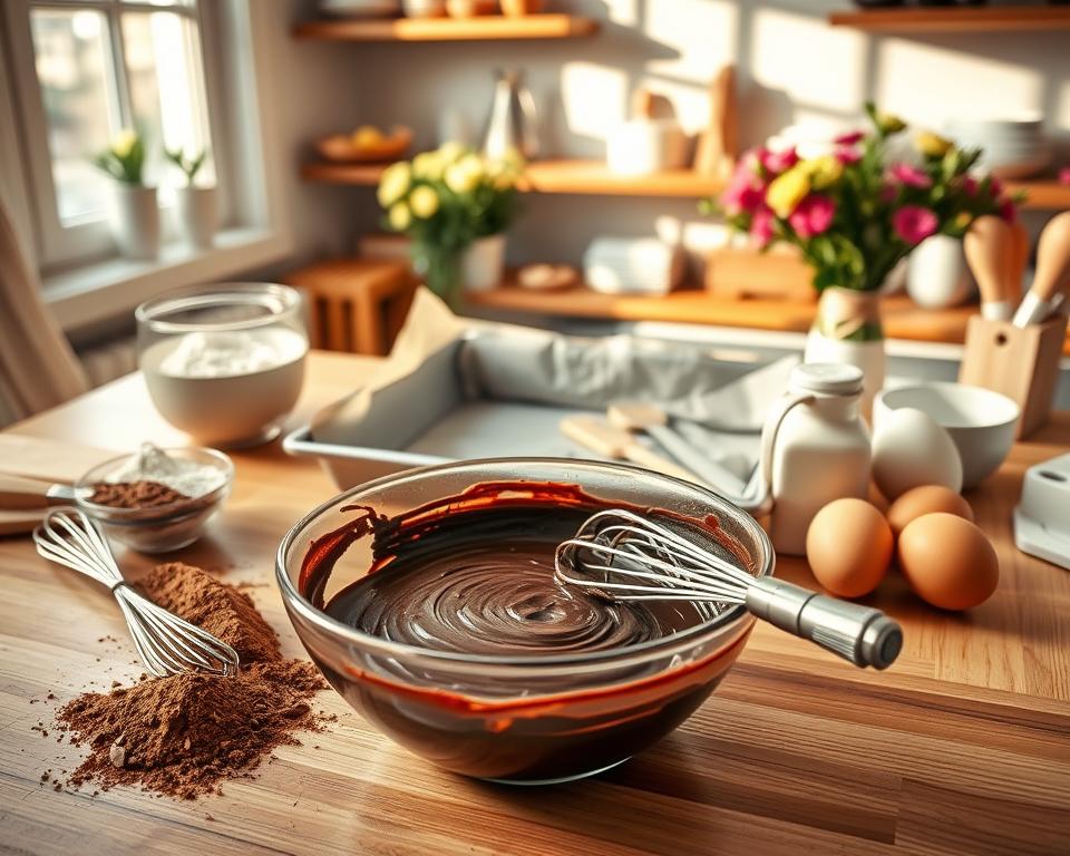 A beautifully arranged kitchen scene showcasing the step-by-step process of making a Swedish chocolate cake. In the foreground, a wooden countertop features a mixing bowl filled with a rich chocolate batter, a whisk perched nearby. Fresh ingredients like cocoa powder, flour, and eggs are artfully placed around the bowl. In the middle, a baking tray lined with parchment paper awaits the batter, hinting at the next step. Soft, warm light filters through a window, casting gentle shadows and highlighting the glossy texture of the batter. In the background, shelves lined with baking tools and a bouquet of fresh flowers create a cozy atmosphere. The ambiance is inviting and focused, capturing the essence of home baking. A beautifully arranged kitchen scene showcasing the step-by-step process of making a Swedish chocolate cake. In the foreground, a wooden countertop features a mixing bowl filled with a rich chocolate batter, a whisk perched nearby. Fresh ingredients like cocoa powder, flour, and eggs are artfully placed around the bowl. In the middle, a baking tray lined with parchment paper awaits the batter, hinting at the next step. Soft, warm light filters through a window, casting gentle shadows and highlighting the glossy texture of the batter. In the background, shelves lined with baking tools and a bouquet of fresh flowers create a cozy atmosphere. The ambiance is inviting and focused, capturing the essence of home baking.