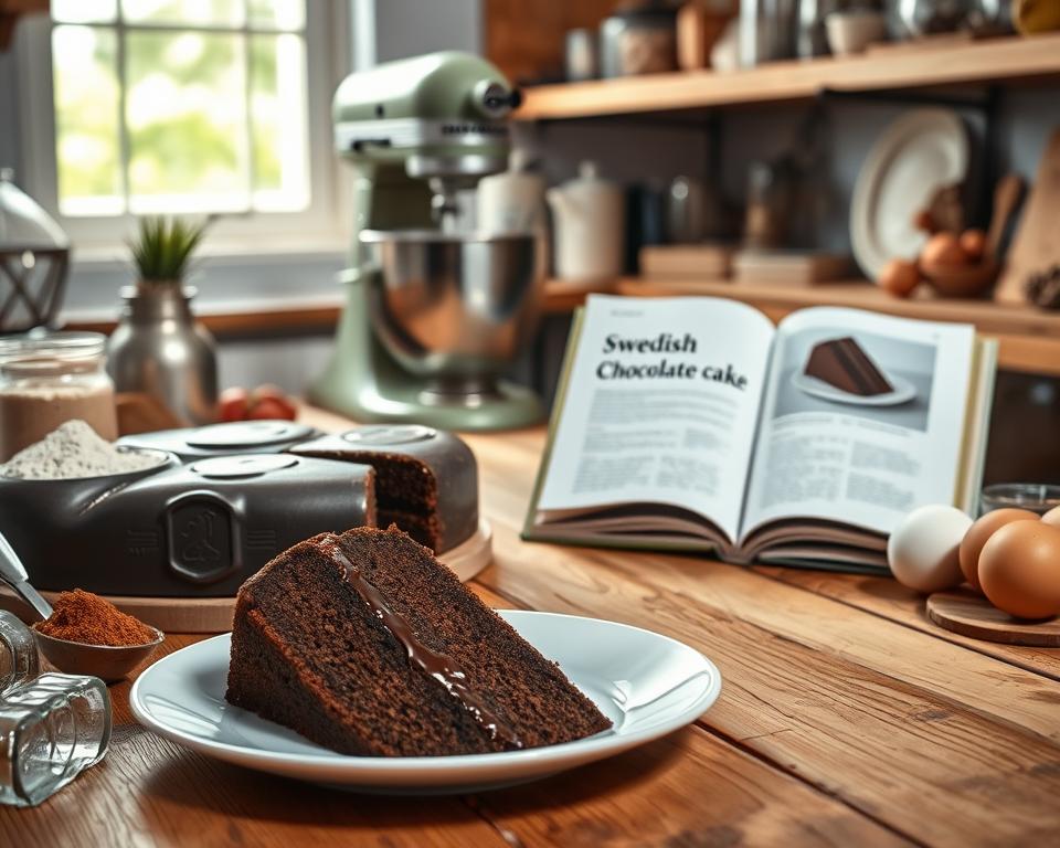 A beautifully arranged kitchen scene with a focus on a freshly baked Swedish chocolate cake, displayed prominently on a rustic wooden table. In the foreground, a slice of the cake is elegantly plated, revealing its rich, moist interior with a glossy chocolate glaze. Surrounding the cake are common baking ingredients like flour, sugar, cocoa powder, and eggs, hinting at the baking process. In the middle ground, a cookbook titled "Swedish Chocolate Cake" is open, showing step-by-step instructions, while a charming kitchen background includes a vintage mixer and various baking tools. The lighting is warm and inviting, with soft, natural light filtering through a nearby window, creating a cozy and inspiring atmosphere. The overall mood is welcoming and encouraging, emphasizing the importance of avoiding common baking mistakes. A beautifully arranged kitchen scene with a focus on a freshly baked Swedish chocolate cake, displayed prominently on a rustic wooden table. In the foreground, a slice of the cake is elegantly plated, revealing its rich, moist interior with a glossy chocolate glaze. Surrounding the cake are common baking ingredients like flour, sugar, cocoa powder, and eggs, hinting at the baking process. In the middle ground, a cookbook titled "Swedish Chocolate Cake" is open, showing step-by-step instructions, while a charming kitchen background includes a vintage mixer and various baking tools. The lighting is warm and inviting, with soft, natural light filtering through a nearby window, creating a cozy and inspiring atmosphere. The overall mood is welcoming and encouraging, emphasizing the importance of avoiding common baking mistakes.