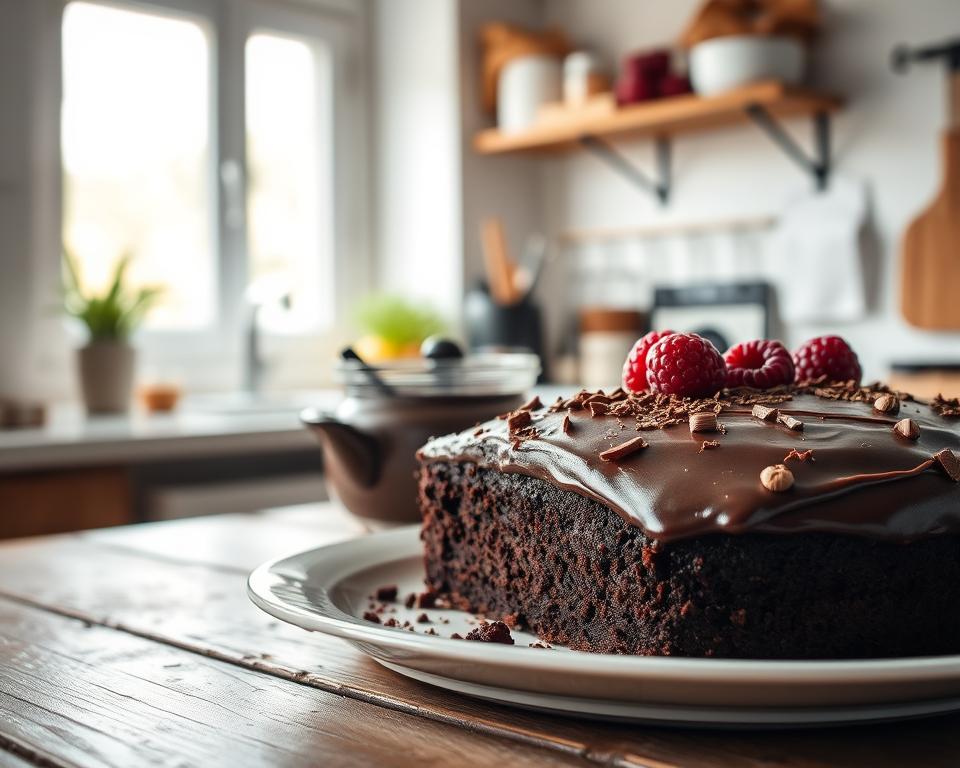 A beautifully arranged plate of Swedish chocolate cake, known as Schokokuchen, sitting on a rustic wooden table. In the foreground, the cake is moist, with a rich, glossy chocolate glaze, garnished with fine chocolate shavings and fresh berries. A charming glass container filled with slices of leftover cake is positioned beside it, emphasizing the theme of storage and preservation. The middle ground features a soft-focus kitchen scene, with a window allowing natural light to flood in, creating a warm and inviting atmosphere. In the background, a simple kitchen shelf displays some baking ingredients, hinting at the cake's preparation. The overall mood is cozy and homely, perfect for enjoying a treat the next day. Use soft, warm lighting to enhance the inviting feel, capturing the essence of comfort food. A beautifully arranged plate of Swedish chocolate cake, known as Schokokuchen, sitting on a rustic wooden table. In the foreground, the cake is moist, with a rich, glossy chocolate glaze, garnished with fine chocolate shavings and fresh berries. A charming glass container filled with slices of leftover cake is positioned beside it, emphasizing the theme of storage and preservation. The middle ground features a soft-focus kitchen scene, with a window allowing natural light to flood in, creating a warm and inviting atmosphere. In the background, a simple kitchen shelf displays some baking ingredients, hinting at the cake's preparation. The overall mood is cozy and homely, perfect for enjoying a treat the next day. Use soft, warm lighting to enhance the inviting feel, capturing the essence of comfort food.