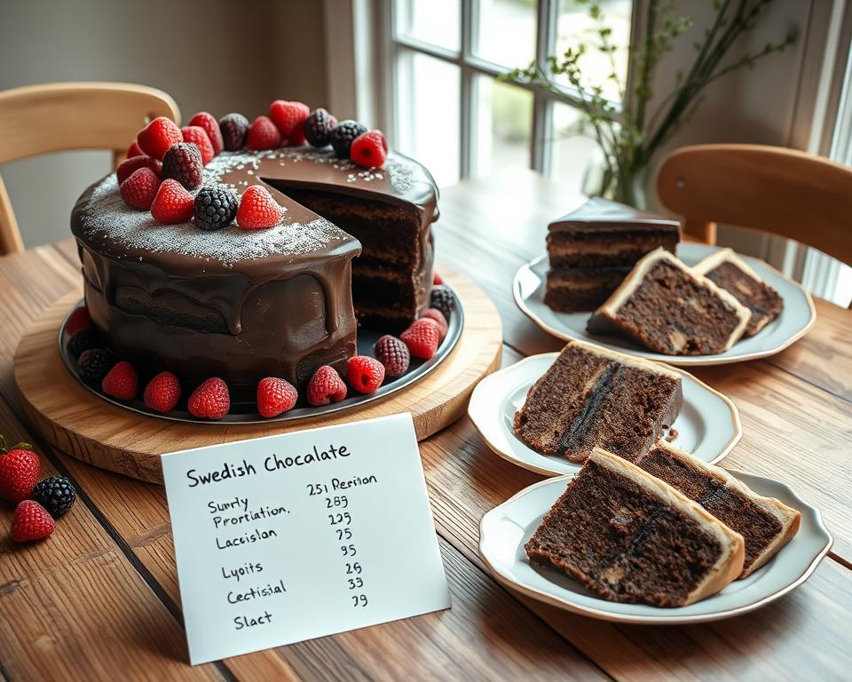 A beautifully arranged scene featuring a decadent Swedish chocolate cake on a rustic wooden table. The cake is rich, with a glossy chocolate glaze and surrounded by fresh berries and a dusting of powdered sugar. In the foreground, a neatly written card displaying nutritional values is elegantly placed beside the cake. The middle ground includes an assortment of portioned cake slices on elegant plates, showcasing the layers of the cake. In the background, soft natural light streams through a nearby window, creating an inviting and warm atmosphere. The scene is captured from a slightly elevated angle to emphasize the details of the cake and surroundings, evoking a sense of homely comfort and indulgence. A beautifully arranged scene featuring a decadent Swedish chocolate cake on a rustic wooden table. The cake is rich, with a glossy chocolate glaze and surrounded by fresh berries and a dusting of powdered sugar. In the foreground, a neatly written card displaying nutritional values is elegantly placed beside the cake. The middle ground includes an assortment of portioned cake slices on elegant plates, showcasing the layers of the cake. In the background, soft natural light streams through a nearby window, creating an inviting and warm atmosphere. The scene is captured from a slightly elevated angle to emphasize the details of the cake and surroundings, evoking a sense of homely comfort and indulgence.