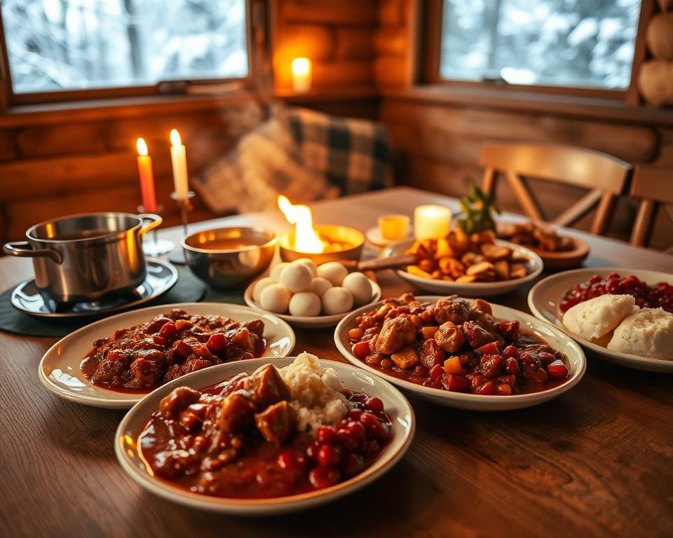 A beautifully arranged table showcasing traditional Lappland cuisine, set against the backdrop of a cozy, rustic Swedish cabin. In the foreground, a wooden table is filled with dishes like rich reindeer stew, creamy mashed potatoes, and colorful lingonberry sauce, all plated with care. To one side, a steaming pot of homemade soup simmers over a small fire. In the middle ground, the warm glow of candlelight illuminates the scene, creating a welcoming and inviting atmosphere. The background features snow-draped trees visible through a window, hinting at the serene, wintry landscape outside. Soft, natural lighting enhances the cozy mood, capturing the essence of Lappland's culinary culture. A wide-angle perspective emphasizes the abundance of food while maintaining a sense of comfort and warmth.