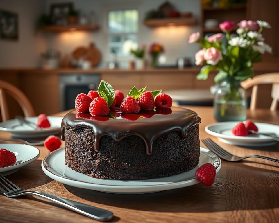 A beautifully set dining table featuring a rich, dark Swedish chocolate cake (Schokokuchen) as the centerpiece. The cake is generously topped with a glossy chocolate ganache and garnished with fresh raspberries and mint leaves. Surrounding the cake are elegant dessert plates and forks, reflecting a cozy, inviting atmosphere. In the background, a softly lit Scandinavian-style kitchen is visible, adorned with wooden accents and fresh flowers in a vase. The lighting is warm and inviting, casting gentle shadows and creating a homely feel. The scene is captured from a slightly elevated angle to emphasize the cake's texture and the beautiful table setting. The mood is cheerful and wholesome, perfect for a delightful dessert moment. A beautifully set dining table featuring a rich, dark Swedish chocolate cake (Schokokuchen) as the centerpiece. The cake is generously topped with a glossy chocolate ganache and garnished with fresh raspberries and mint leaves. Surrounding the cake are elegant dessert plates and forks, reflecting a cozy, inviting atmosphere. In the background, a softly lit Scandinavian-style kitchen is visible, adorned with wooden accents and fresh flowers in a vase. The lighting is warm and inviting, casting gentle shadows and creating a homely feel. The scene is captured from a slightly elevated angle to emphasize the cake's texture and the beautiful table setting. The mood is cheerful and wholesome, perfect for a delightful dessert moment.