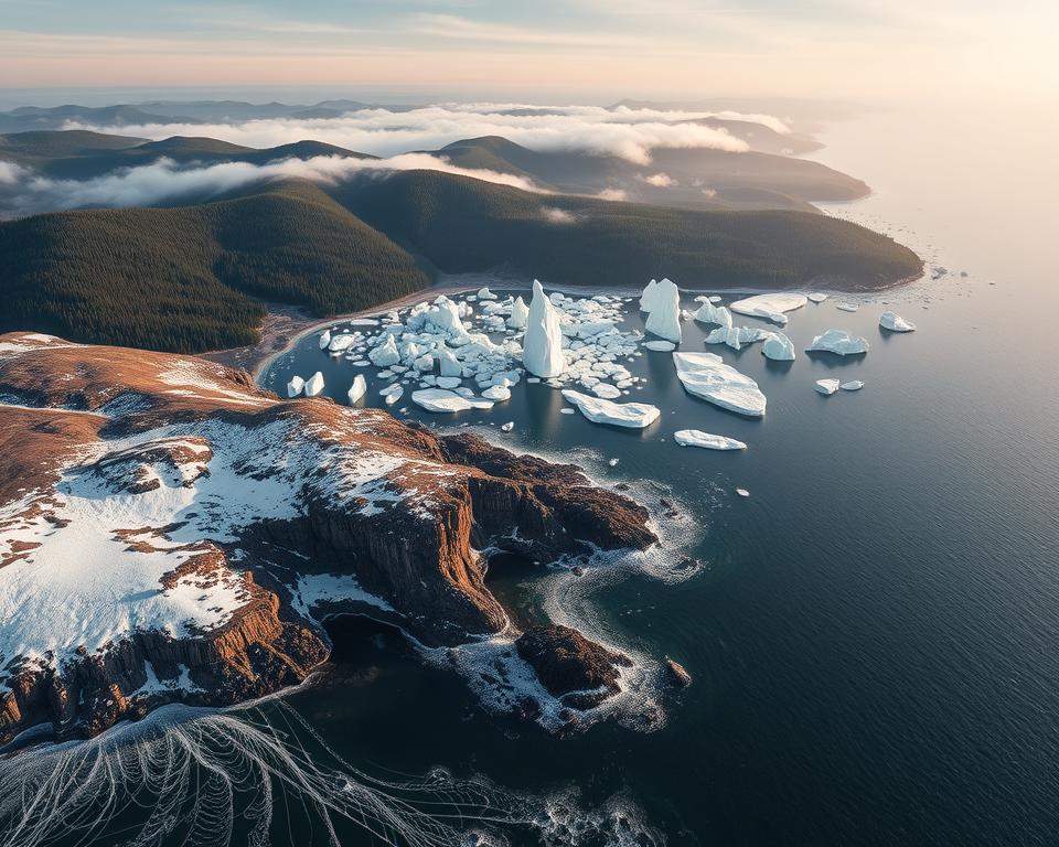 A breathtaking aerial view of the White Sea region, showcasing its unique geographical features. In the foreground, subtle waves lap against rugged, icy shorelines, with patches of white snow decorating the rocky terrain. The middle ground reveals a stunning array of icebergs, some towering, others floating gracefully, reflecting soft shades of blue and white. In the background, evergreen forests cling to undulating hills, shrouded in a gentle mist that enhances the atmosphere of tranquility. The soft, diffused lighting of a late afternoon sun casts a warm glow, creating serene shadows over the landscape. The scene is captured with a wide-angle lens, highlighting the vastness and beauty of this remote region, evoking a sense of awe and wonder in its stark, majestic environment.