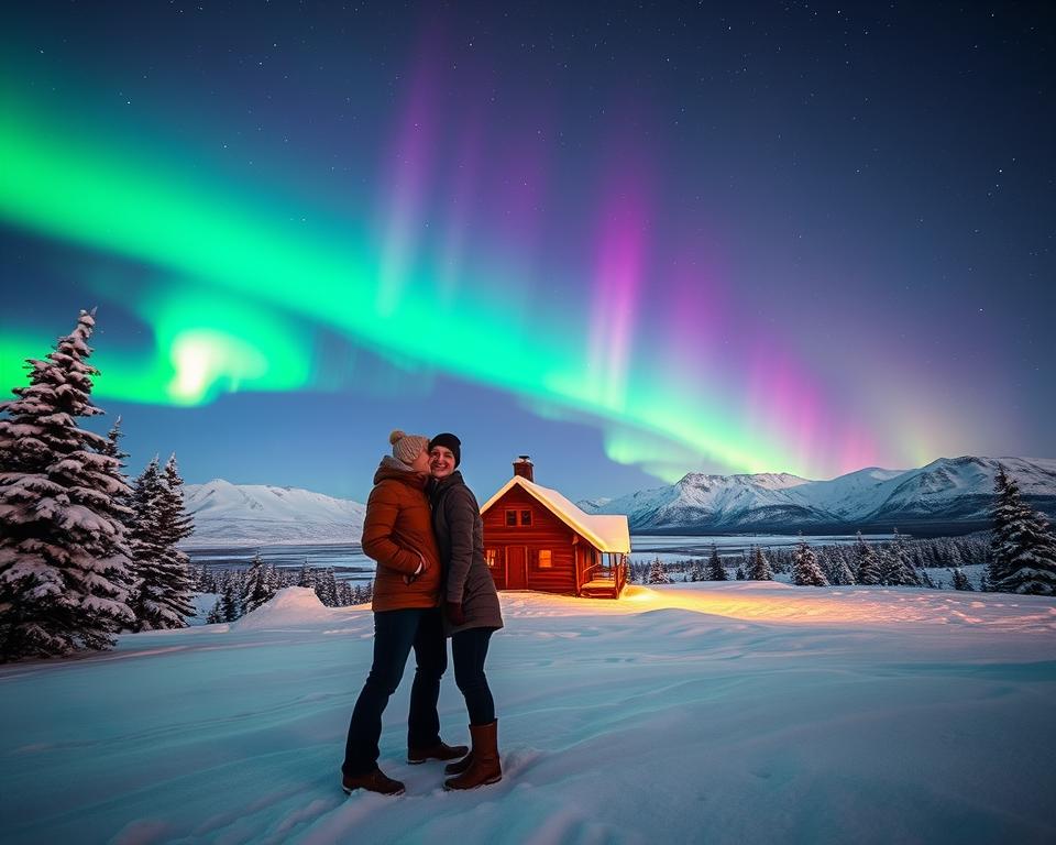 A breathtaking scene of the Swedish Lapland during the best travel season, showcasing a vibrant aurora borealis lighting up the sky in brilliant greens and purples over a snowy landscape. In the foreground, a couple dressed in warm winter clothing, standing close together, their faces illuminated by the shimmering lights above. The middle ground features a picturesque rustic cabin, its windows glowing warmly, surrounded by snow-draped pines. In the background, majestic snow-capped mountains fade into the distance under a twilight sky filled with stars. The composition is wide-angle, focusing on the vibrant auroras and snowy terrain, creating a tranquil yet magical atmosphere evoking wonder and adventure. Soft, diffused lighting enhances the ethereal quality of the scene, inviting viewers to experience the magic of Lapland.