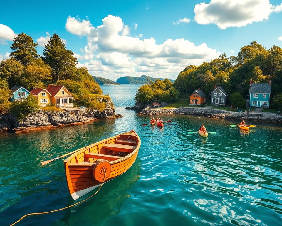 A breathtaking summer scene capturing the beauty of the Swedish archipelago during peak travel season. In the foreground, a small wooden boat gently floats on serene, crystal-clear waters, reflecting the bright sun. Colorful traditional cottages are nestled among green cliffs, while lush trees frame the scene. In the middle ground, a group of tourists in modest casual clothing enjoy kayaking and exploring the coastline, embodying a lively yet tranquil atmosphere. The background is filled with picturesque islands and a bright blue sky dotted with fluffy white clouds, creating an inviting and warm mood. The lighting is soft and golden, suggesting late afternoon, giving the entire scene a cozy and welcoming feel.