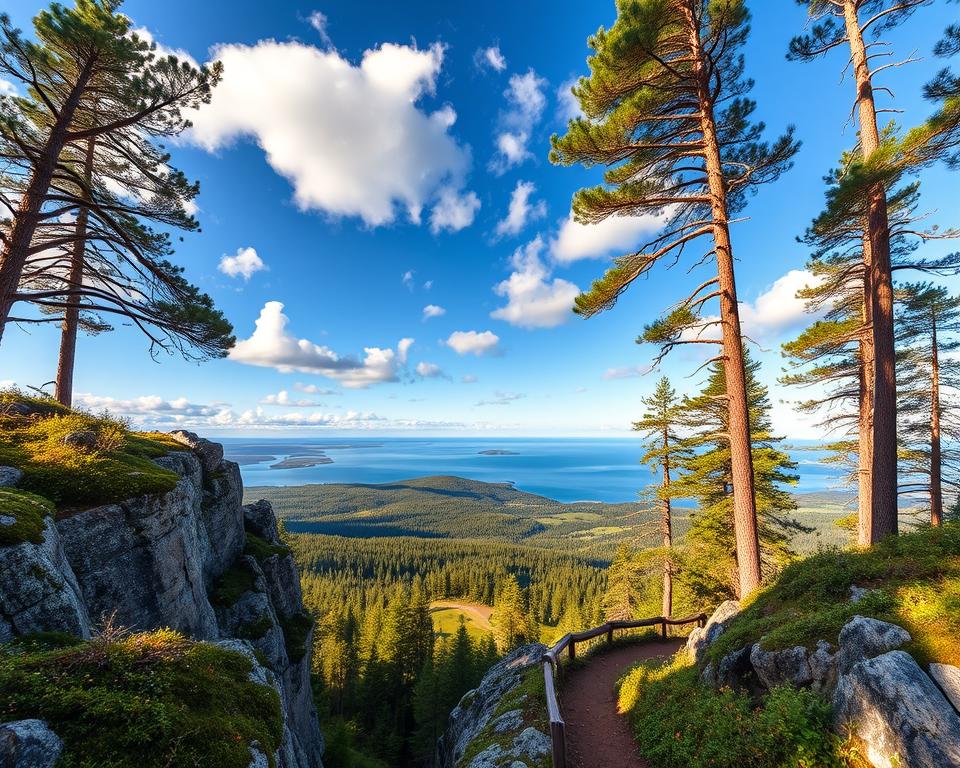 A breathtaking view from the Höga Kusten viewpoints, showcasing the stunning Skuleskogen Nationalpark. In the foreground, rugged granite cliffs covered in lush green moss and patches of wildflowers. The middle ground features a winding forest trail, inviting hikers to explore the serene natural beauty. Tall pine trees frame the scene, their branches swaying gently in a light breeze. In the background, expansive views of the shimmering Gulf of Bothnia under a clear blue sky, with scattered fluffy white clouds. The warm golden light of late afternoon casts a soft glow, enhancing the tranquil atmosphere. Capture this picturesque landscape with a wide-angle lens, emphasizing depth and vastness. The overall mood is one of peaceful exploration and connection with nature.