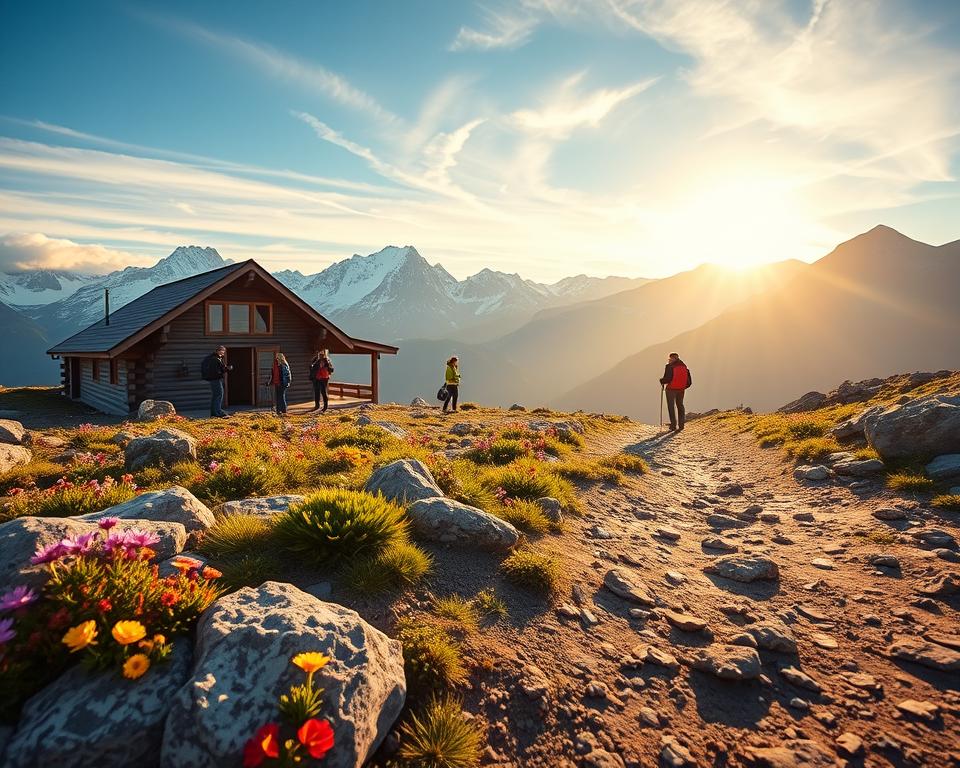 A breathtaking view of Kebnekaise Fjällstation, situated in the majestic Swedish mountains, showcasing popular hiking trails. In the foreground, vibrant wildflowers and textured rocks can be seen, indicating the start of a hiking path with footprints leading into the distance. The middle section features the iconic wooden structure of the Fjällstation with hikers dressed in modest casual clothing preparing for their adventure. In the background, soaring peaks of Kebnekaise bathed in soft morning sunlight reflect shades of blue and white, with wispy clouds drifting above. The lighting is warm and inviting, capturing the serene yet adventurous atmosphere of this beautiful location. A wide-angle perspective emphasizes the expansive landscape, inviting viewers to explore the scenic routes.