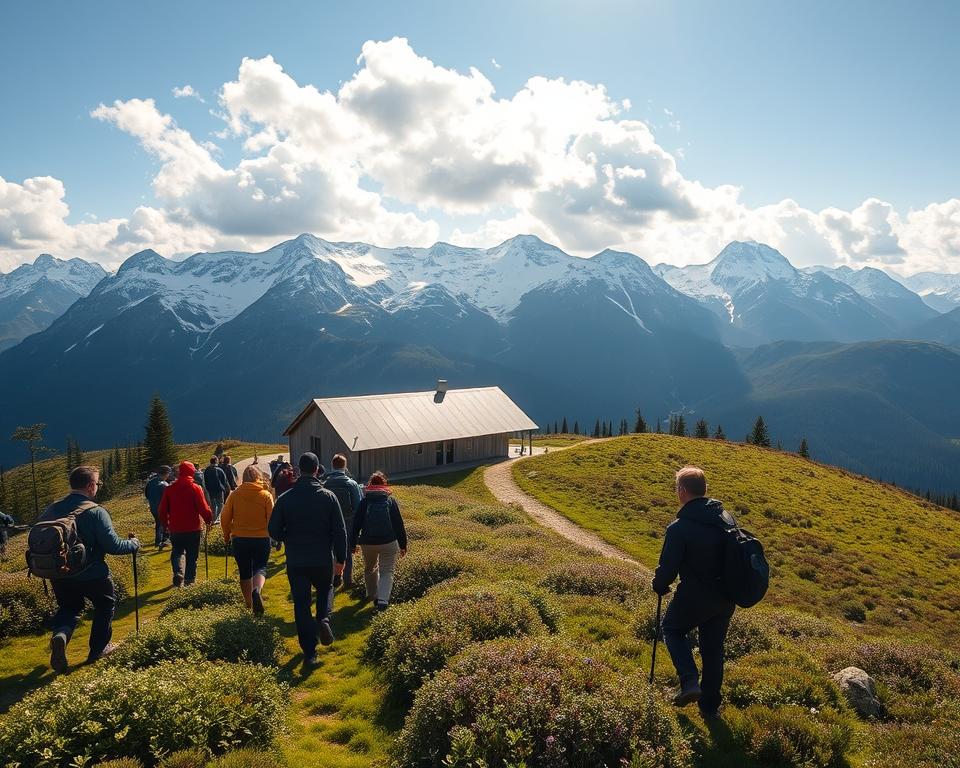 A breathtaking view of the Kebnekaise area, showcasing sustainable tourism practices. In the foreground, a diverse group of hikers dressed in modest, weather-appropriate outdoor clothing, exploring a lush green trail lined with native flora. The middle ground features a modern, eco-friendly fjällstation (mountain station) built from natural materials, blending harmoniously with the landscape. In the background, the majestic Kebnekaise mountains rise dramatically, their peaks dusted with snow under a clear blue sky. Golden sunlight filters through fluffy clouds, casting gentle shadows on the terrain, creating a serene and inviting atmosphere. A panoramic shot captured with a wide-angle lens, emphasizing the vastness of nature and the importance of preserving it through responsible tourism.