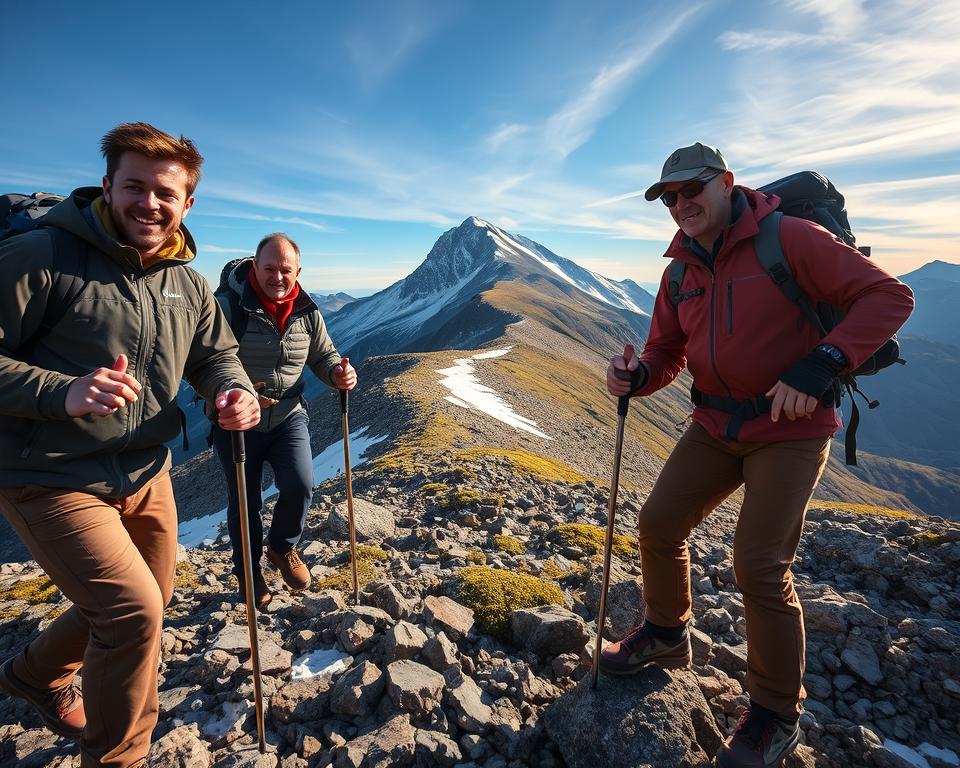 A breathtaking view of the Kebnekaise summit ascent, capturing climbers dressed in modest, high-performance outdoor gear. In the foreground, show two climbers using trekking poles as they navigate rocky terrain, determined expressions on their faces. The middle ground features a rugged path winding up the mountain, with patches of snow and vibrant green alpine flora. In the background, depict the majestic Kebnekaise peak, towering under a clear blue sky with wispy clouds. The lighting is a warm, late afternoon glow, illuminating the rocky textures and enhancing the mood of adventure and challenge. The angle is slightly elevated, looking down on the climbers, conveying the grandeur of the landscape.