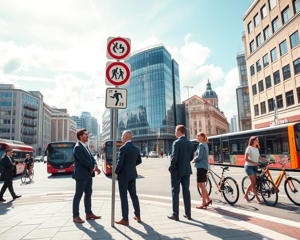 A bustling urban scene of Göteborg, Sweden, focusing on the Citymaut regulations. In the foreground, a diverse group of business professionals in smart casual attire discusses traffic regulations, standing by a clear road sign indicating Citymaut zones. In the middle ground, a modern street with sleek architecture, featuring public transportation and cyclists, showcasing the unique blend of traditional and contemporary Swedish buildings. The background reveals iconic Göteborg landmarks like the Göta älv, under a bright, sunny sky with soft clouds, emphasizing a vibrant city life. The image should utilize natural lighting with a slight lens flare, capturing a lively, optimistic atmosphere reflective of urban regulation and community engagement.