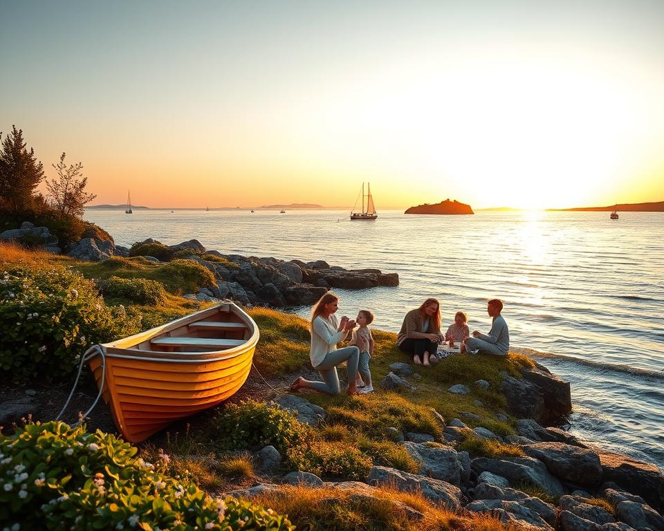 A captivating scene of the Swedish archipelago during summer, showcasing a serene coastal landscape. In the foreground, a small wooden boat anchored near a rocky shore filled with lush greenery and wildflowers. A family of four, dressed in modest casual clothing, enjoys a picnic on the soft grass, smiling and playing games. In the middle ground, gentle waves lapping against the shoreline with a few other boats sailing in the distance. The background features a stunning sunset casting warm golden tones over the horizon, with scattered islands silhouetted against the colorful sky. The atmosphere is peaceful and inviting, with a sense of adventure in the air. The image is captured with a wide-angle lens to emphasize the vastness of the archipelago, with soft, natural lighting to enhance the serene mood.