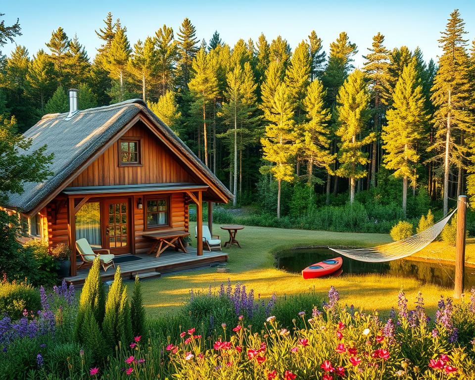 A charming summer vacation house in Sweden, nestled among lush greenery and vibrant wildflowers. In the foreground, a cozy wooden cabin with a thatched roof welcomes guests, surrounded by comfortable outdoor furniture and a serene hammock. The middle ground features a small, tranquil lake reflecting the blue sky, with kayaks and fishing gear nearby. In the background, a thick forest of tall pine trees stretches towards the horizon, bathed in warm golden sunlight of a late afternoon. The atmosphere is peaceful and inviting, evoking the essence of a perfect Swedish summer getaway. Capture this scene with a soft, natural lighting effect, using a wide-angle lens to emphasize the spaciousness and beauty of the landscape.