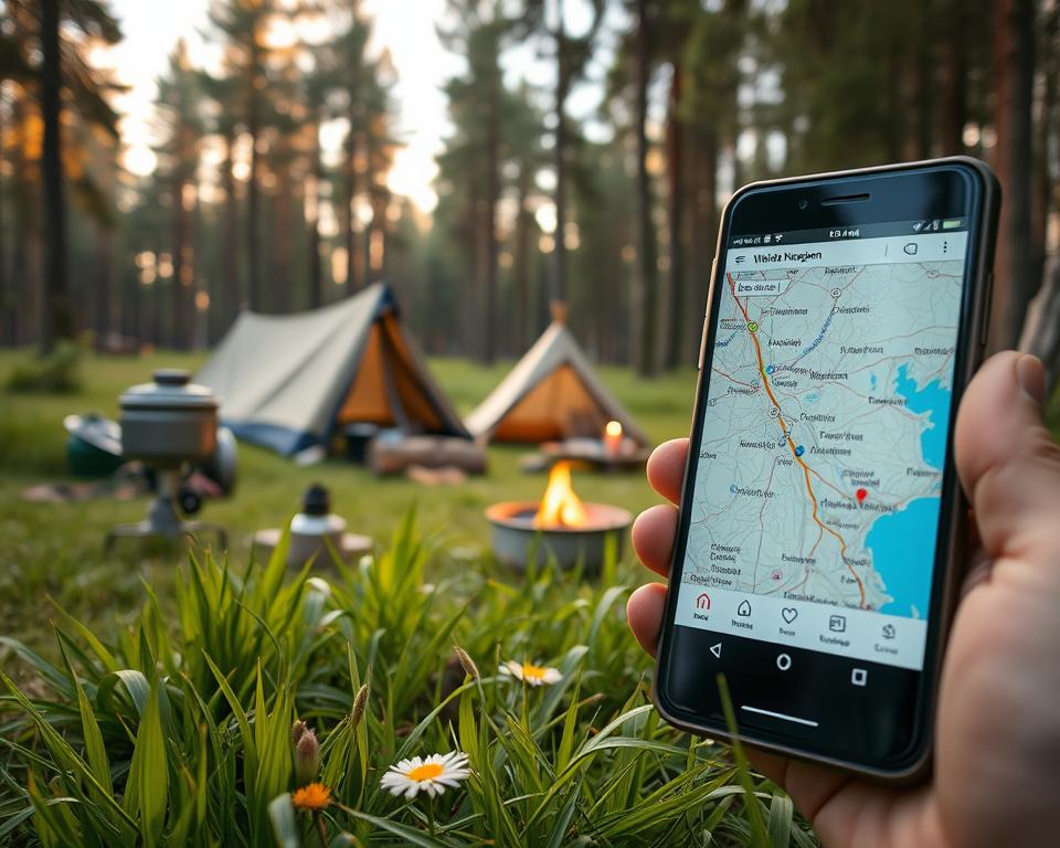 A close-up view of a smartphone displaying a detailed map and navigation app interface, surrounded by a rustic outdoor camping setup. In the foreground, lush green grass with a few wildflowers, a portable camping stove, and a rolled-up tent, suggesting a wilderness vibe. The middle ground features a campsite with a small tent, a cozy campfire with logs, and a few scattered camping gear items like a backpack and lantern. In the background, a serene Swedish forest with tall pine trees bathed in soft, warm lighting, during the golden hour. The atmosphere is calm and inviting, perfect for wild camping, conveying the sense of adventure and exploration. Shot with a wide-angle lens to capture the expanse of nature. A close-up view of a smartphone displaying a detailed map and navigation app interface, surrounded by a rustic outdoor camping setup. In the foreground, lush green grass with a few wildflowers, a portable camping stove, and a rolled-up tent, suggesting a wilderness vibe. The middle ground features a campsite with a small tent, a cozy campfire with logs, and a few scattered camping gear items like a backpack and lantern. In the background, a serene Swedish forest with tall pine trees bathed in soft, warm lighting, during the golden hour. The atmosphere is calm and inviting, perfect for wild camping, conveying the sense of adventure and exploration. Shot with a wide-angle lens to capture the expanse of nature.