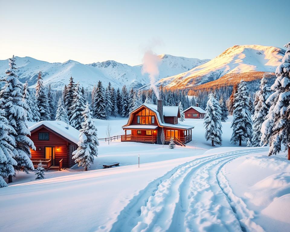 A cozy and inviting snowshoeing accommodation in Sweden, showcasing various options like a charming wooden cabin, a rustic lodge, and a modern hotel nestled among snow-covered pine trees. In the foreground, a snowshoe trail winds through the pristine white snow, with tracks leading to the accommodations. In the middle ground, feature a warm and glowing cabin with smoke rising from its chimney, surrounded by twinkling fairy lights. In the background, majestic snow-capped mountains against a clear blue sky create a sense of adventure. Capture the scene during golden hour, with soft, warm lighting casting long shadows. The overall atmosphere should evoke a sense of warmth, comfort, and exploration in a picturesque winter setting.