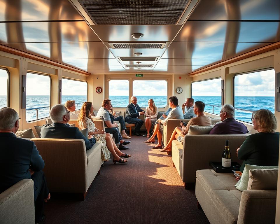 A cozy cabin onboard a modern ferry traveling from Göteborg to Kiel, emphasizing comfort and relaxation. In the foreground, depict a spacious cabin with plush seating, large windows offering a view of the sea, and tasteful decor featuring maritime colors. The middle of the image should showcase passengers enjoying their time, dressed in comfortable yet elegant attire, chatting and relaxing. The background includes a vibrant blue ocean with gentle waves, and a partly cloudy sky letting in warm sunlight, creating a serene atmosphere. The lighting is bright and inviting, emphasizing the cheerful mood of a leisurely journey. Use a slight tilt-angle to give a dynamic perspective of the cabin’s inviting interior. A cozy cabin onboard a modern ferry traveling from Göteborg to Kiel, emphasizing comfort and relaxation. In the foreground, depict a spacious cabin with plush seating, large windows offering a view of the sea, and tasteful decor featuring maritime colors. The middle of the image should showcase passengers enjoying their time, dressed in comfortable yet elegant attire, chatting and relaxing. The background includes a vibrant blue ocean with gentle waves, and a partly cloudy sky letting in warm sunlight, creating a serene atmosphere. The lighting is bright and inviting, emphasizing the cheerful mood of a leisurely journey. Use a slight tilt-angle to give a dynamic perspective of the cabin’s inviting interior.