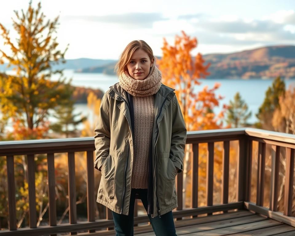 A cozy outdoor scene depicting a Swedish autumn landscape in September, featuring a model dressed in layered, stylish clothing suitable for cooler weather. In the foreground, showcase the model wearing a warm, knitted sweater, a lightweight waterproof jacket, and cozy scarves, standing on a wooden deck. The middle ground should include colorful fall foliage with trees in shades of orange, yellow, and red. In the background, a serene lake reflects the sky and surrounding hills. The atmosphere should feel inviting and relaxed, evoking a sense of comfort against the crisp air. Use soft, natural lighting to highlight the textures of the clothing and the beauty of the landscape, captured from a slightly elevated angle to provide depth to the scene. A cozy outdoor scene depicting a Swedish autumn landscape in September, featuring a model dressed in layered, stylish clothing suitable for cooler weather. In the foreground, showcase the model wearing a warm, knitted sweater, a lightweight waterproof jacket, and cozy scarves, standing on a wooden deck. The middle ground should include colorful fall foliage with trees in shades of orange, yellow, and red. In the background, a serene lake reflects the sky and surrounding hills. The atmosphere should feel inviting and relaxed, evoking a sense of comfort against the crisp air. Use soft, natural lighting to highlight the textures of the clothing and the beauty of the landscape, captured from a slightly elevated angle to provide depth to the scene.