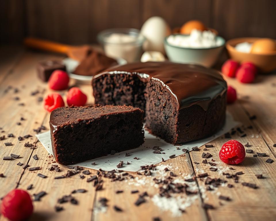 A delectable, moist Swedish chocolate cake presented on a rustic wooden table. In the foreground, the cake is beautifully sliced, revealing its rich, fudgy texture and glossy chocolate glaze. Surrounding the cake, scattered dark chocolate shavings and fresh raspberries add vibrant pops of color. In the middle background, a subtle arrangement of baking ingredients like cocoa powder, flour, and eggs is artfully laid out, hinting at the baking process. Soft, warm lighting creates an inviting atmosphere, with gentle shadows enhancing the cake's contours. The focus is sharp on the cake, while the background remains slightly blurred, using a shallow depth of field. The overall mood is cozy and inviting, perfect for a comforting dessert scene. A delectable, moist Swedish chocolate cake presented on a rustic wooden table. In the foreground, the cake is beautifully sliced, revealing its rich, fudgy texture and glossy chocolate glaze. Surrounding the cake, scattered dark chocolate shavings and fresh raspberries add vibrant pops of color. In the middle background, a subtle arrangement of baking ingredients like cocoa powder, flour, and eggs is artfully laid out, hinting at the baking process. Soft, warm lighting creates an inviting atmosphere, with gentle shadows enhancing the cake's contours. The focus is sharp on the cake, while the background remains slightly blurred, using a shallow depth of field. The overall mood is cozy and inviting, perfect for a comforting dessert scene.