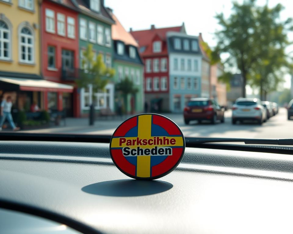 A detailed and vibrant image of a "Parkscheibe Schweden" (Swedish parking disc) resting on the dashboard of a car, prominently displayed in the foreground. The parking disc should feature bright colors and clear markings typical of Swedish design. In the middle ground, show a beautiful Swedish city street lined with charming, colorful buildings and distinct Scandinavian architecture. The background should include elements like green trees and a clear sky, suggesting a pleasant day. Soft sunlight casts gentle shadows, creating a warm and inviting atmosphere. The perspective should be from a slightly elevated angle, focusing on the parking disc and its surroundings. The scene should feel calm and organized, reflecting the efficient parking system in Swedish cities.