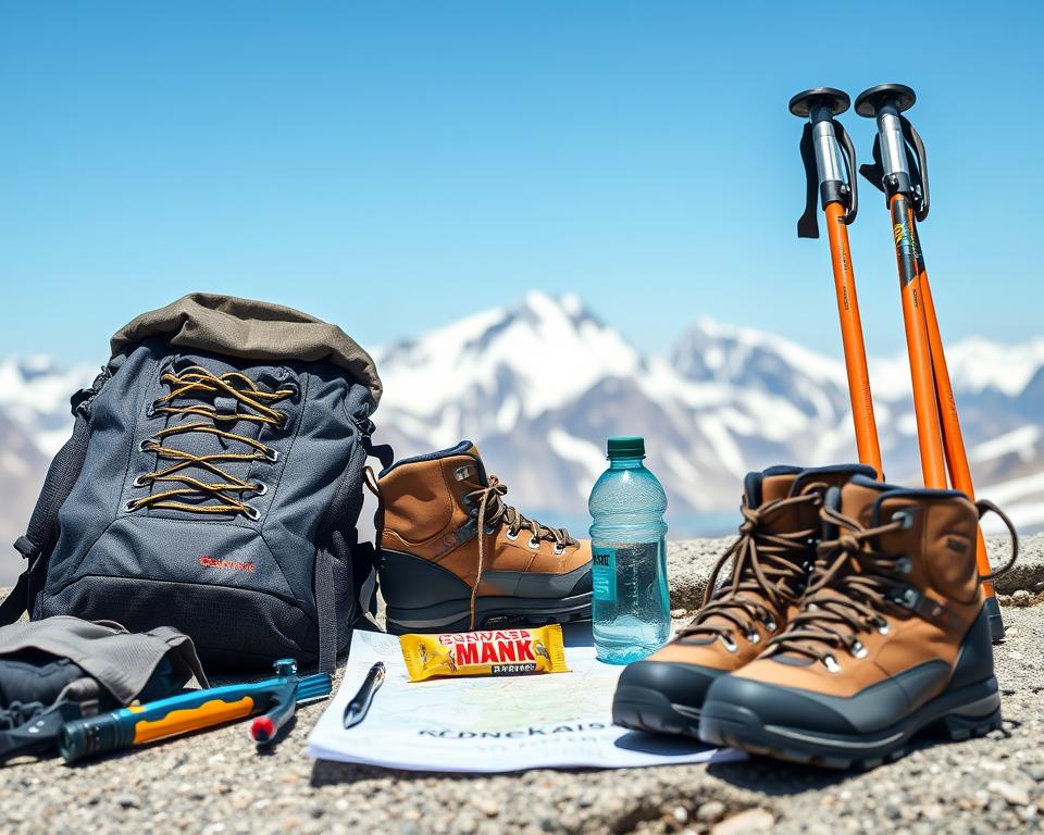 A detailed flat lay arrangement of essential hiking gear for the Kebnekaise mountain expedition. In the foreground, there are a high-quality backpack, climbing harness, trekking poles, and a pair of sturdy hiking boots, all neatly organized. In the middle ground, include a topographic map of Kebnekaise, a compass, and a water bottle beside an energy bar. In the background, softly blurred, show the majestic snow-capped peaks of Kebnekaise and the clear blue sky overhead. The lighting is bright and natural, suggesting a sunny day, enhancing the adventurous atmosphere. Capture the image from a slightly elevated angle to provide depth and perspective. The overall mood should feel inspiring and motivational for outdoor enthusiasts preparing for their adventure.