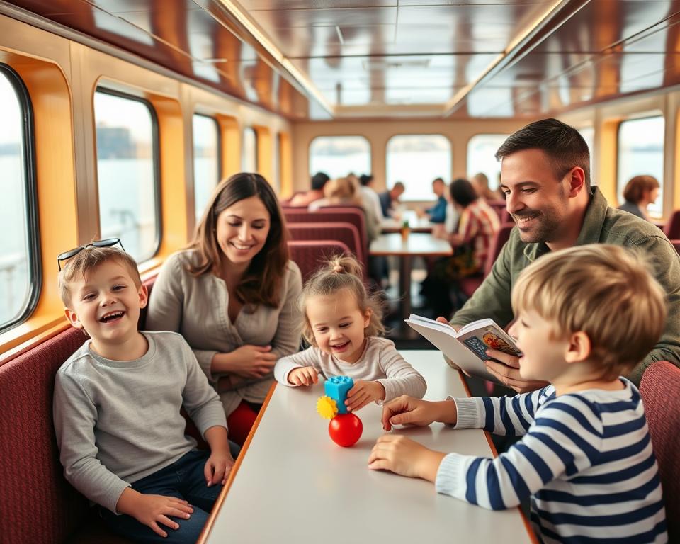 A family of four, including two cheerful children, is enjoying their journey aboard a ferry. In the foreground, the children, a boy and a girl, are laughing and playing with a colorful toy while seated at a window-side table. The mother, dressed in a modest, casual outfit, reads a travel guide, and the father, wearing comfortable attire, watches them with a smile. In the middle ground, the ferry's interior is bright and welcoming, with plush seating and large windows providing stunning views of the calm sea. In the background, you can see other families and passengers enjoying the voyage. The warm, natural lighting creates a cozy atmosphere, enhancing the feeling of adventure and togetherness during their trip to Sweden. A family of four, including two cheerful children, is enjoying their journey aboard a ferry. In the foreground, the children, a boy and a girl, are laughing and playing with a colorful toy while seated at a window-side table. The mother, dressed in a modest, casual outfit, reads a travel guide, and the father, wearing comfortable attire, watches them with a smile. In the middle ground, the ferry's interior is bright and welcoming, with plush seating and large windows providing stunning views of the calm sea. In the background, you can see other families and passengers enjoying the voyage. The warm, natural lighting creates a cozy atmosphere, enhancing the feeling of adventure and togetherness during their trip to Sweden.