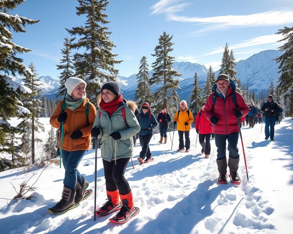 A guided snowshoeing tour in Sweden, featuring a diverse group of participants dressed in modest, colorful winter attire, walking through a pristine snowy landscape. In the foreground, show two individuals enthusiastically discussing their experience, with snowshoes on their feet, surrounded by tall pine trees dusted with snow. The middle ground portrays additional hikers following a skilled guide, who holds a trekking pole, leading the way on a well-marked trail. In the background, majestic mountains under a bright blue sky add depth to the scene. The lighting is soft and natural, with sunlight filtering through the trees, casting gentle shadows on the snow. The atmosphere is inviting and adventurous, encapsulating the joy of exploring Sweden's winter wonderland.