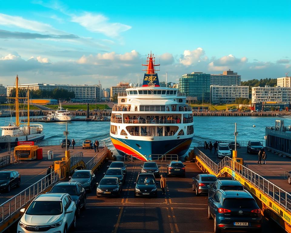 A large ferry approaches the port of Kiel, surrounded by a bustling harbor scene. In the foreground, a well-structured loading dock is visible, with cars and passengers preparing to disembark. The middle ground captures the ferry, painted in vibrant colors, with people enjoying the deck and staff directing flow. In the background, the skyline of Kiel showcases modern buildings under a clear blue sky, with soft clouds drifting. The lighting is warm and inviting, suggesting a late afternoon atmosphere. The angle captures the scene from a slight elevation, providing a comprehensive view of the arrival. The mood is lively and optimistic, reflecting the anticipation of travelers ready to embark on their journeys. A large ferry approaches the port of Kiel, surrounded by a bustling harbor scene. In the foreground, a well-structured loading dock is visible, with cars and passengers preparing to disembark. The middle ground captures the ferry, painted in vibrant colors, with people enjoying the deck and staff directing flow. In the background, the skyline of Kiel showcases modern buildings under a clear blue sky, with soft clouds drifting. The lighting is warm and inviting, suggesting a late afternoon atmosphere. The angle captures the scene from a slight elevation, providing a comprehensive view of the arrival. The mood is lively and optimistic, reflecting the anticipation of travelers ready to embark on their journeys.