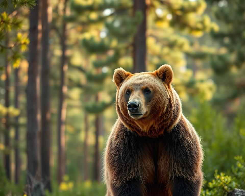 A majestic Swedish brown bear, standing strong in a lush forest setting, showcasing its rich brown fur and powerful physique. The bear is positioned in the foreground, with its head turned slightly to capture a profile view of its expressive face, highlighting its dark eyes and prominent snout. In the middle ground, tall pine trees tower above, their needles casting dappled sunlight on the forest floor, creating a warm, serene atmosphere. The background features a gentle blur of green foliage, suggesting depth. The lighting is soft and natural, reminiscent of early morning, enhancing the bear's features while keeping the mood tranquil and respectful. The perspective is slightly low, emphasizing the bear's majesty in its natural habitat. A majestic Swedish brown bear, standing strong in a lush forest setting, showcasing its rich brown fur and powerful physique. The bear is positioned in the foreground, with its head turned slightly to capture a profile view of its expressive face, highlighting its dark eyes and prominent snout. In the middle ground, tall pine trees tower above, their needles casting dappled sunlight on the forest floor, creating a warm, serene atmosphere. The background features a gentle blur of green foliage, suggesting depth. The lighting is soft and natural, reminiscent of early morning, enhancing the bear's features while keeping the mood tranquil and respectful. The perspective is slightly low, emphasizing the bear's majesty in its natural habitat.
