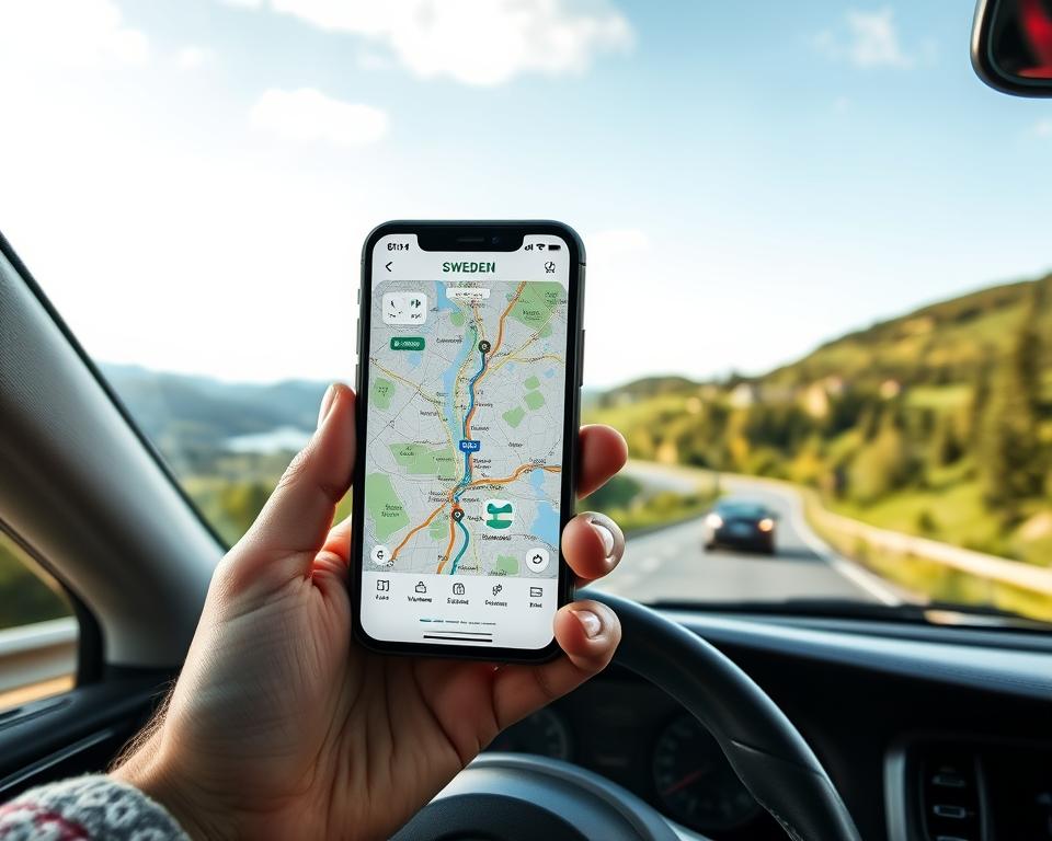 A modern smartphone displaying a navigation app, showcasing a detailed map of Sweden's scenic routes. The foreground features the phone in a driver's hands, illustrated in a stylish and ergonomic grip, while a scenic Swedish landscape—filled with forests, lakes, and medieval towns—fills the background. Soft, natural lighting enhances the beautiful greens and blues of the environment, with a bright and clear sky overhead. To evoke a sense of adventure, add a car in motion on a picturesque road, blending seamlessly into the lush surroundings. The overall atmosphere should feel inviting and practical, perfect for travelers planning their journey. Use a slight tilt to the angle for a dynamic composition.