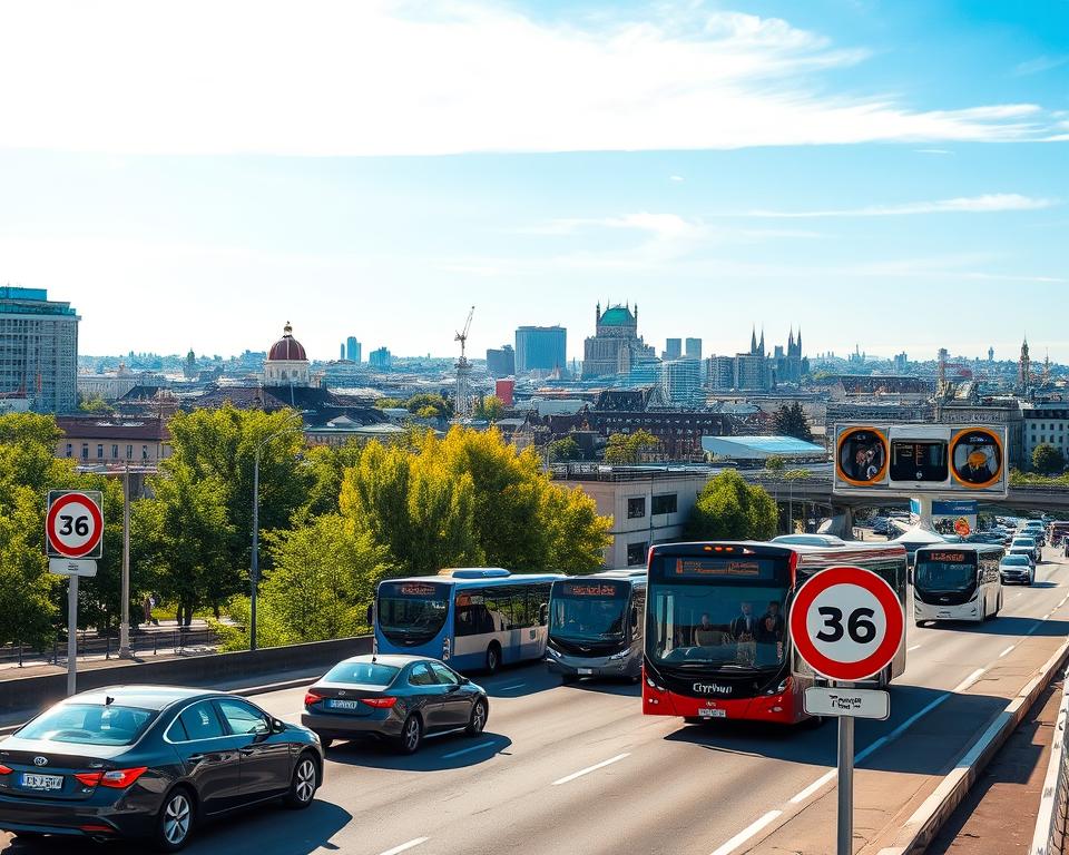 A panoramic view of Stockholm showcasing the Citymaut system in action. In the foreground, clear road signs indicating toll zones are visible with a blend of passing vehicles, including cars and buses displaying professional, business-oriented passengers clad in smart attire. In the middle ground, the iconic architecture of Stockholm's buildings is featured, interspersed with lush green trees and public transportation, symbolizing urban life. The background captures a vibrant skyline with the famous city landmarks, under a bright blue sky with the sun casting warm, welcoming light. The scene evokes a busy yet organized urban atmosphere, perfect for illustrating the modern infrastructure of Citymaut in Sweden. Use a wide-angle lens to emphasize the cityscape.
