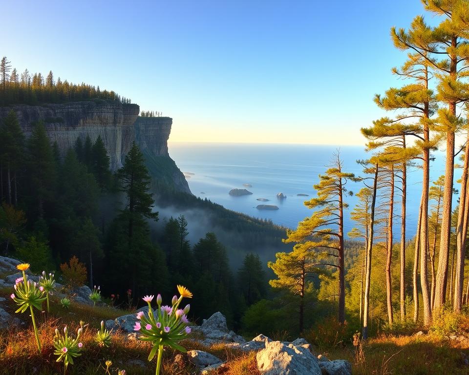 A panoramic view of the Höga Kusten, showcasing the dramatic coastal cliffs and lush green landscapes of Skuleskogen Nationalpark. In the foreground, wildflowers and rocky terrain lead the viewer's eye to the grand cliffs rising majestically above the Baltic Sea, reflecting the sun’s golden light in a warm, inviting atmosphere. The middle ground features dense forests of towering pine and birch trees, where soft morning mist weaves through the trunks, creating a sense of tranquility. In the background, the serene sea stretches to the horizon, dotted with small islands under a clear blue sky. The lighting is soft and diffused, imbuing the scene with a peaceful ambiance, ideal for nature enthusiasts and hikers. The composition is captured from a slightly elevated angle, giving an expansive view of this stunning natural environment.