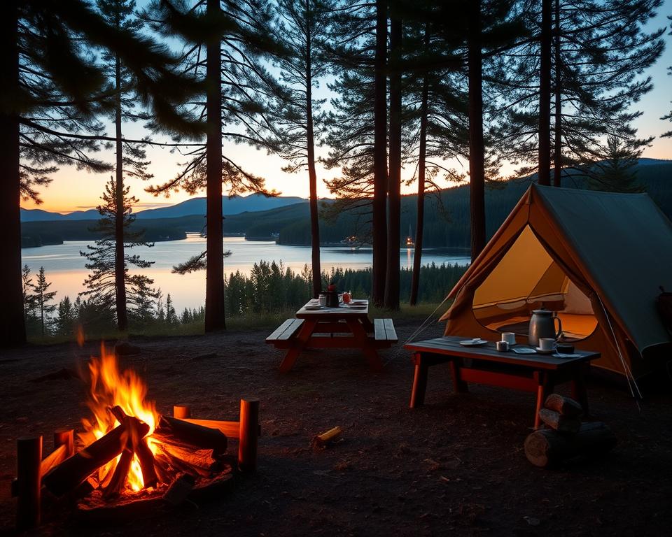 A peaceful camping scene in Sweden, prominently featuring a cozy tent nestled among lush green pine trees. In the foreground, a small campfire flickers softly, surrounded by logs for seating. Nearby, a picnic table is set with camping gear and a few items like a kettle and mugs, suggesting a warm communal meal. In the middle ground, a serene lake reflects the twilight sky, with the warm glow of the setting sun casting orange and pink hues. The background showcases rolling hills and a dense forest, with distant silhouettes of mountains. The atmosphere is tranquil and inviting, conveying the beauty of nature and the joy of outdoor living. The lighting is soft and natural, with a focus on warm tones, captured from a low angle to enhance the scene's depth and intimacy.