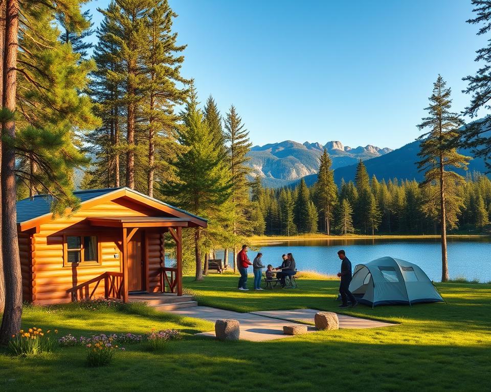 A picturesque camping ground in Sweden, showcasing a serene landscape of lush green forest and a tranquil lake. In the foreground, highlight a cozy wooden camping cabin with a small deck, surrounded by tall pine trees and colorful wildflowers. In the middle ground, a family is setting up a tent, dressed in modest casual clothing, enjoying the fresh air. The background features majestic Swedish mountains under a clear blue sky, with soft sunlight filtering through the trees, casting dappled shadows on the ground. The atmosphere is peaceful and inviting, capturing the essence of official camping sites in Sweden, enhanced by a warm golden hour glow. A picturesque camping ground in Sweden, showcasing a serene landscape of lush green forest and a tranquil lake. In the foreground, highlight a cozy wooden camping cabin with a small deck, surrounded by tall pine trees and colorful wildflowers. In the middle ground, a family is setting up a tent, dressed in modest casual clothing, enjoying the fresh air. The background features majestic Swedish mountains under a clear blue sky, with soft sunlight filtering through the trees, casting dappled shadows on the ground. The atmosphere is peaceful and inviting, capturing the essence of official camping sites in Sweden, enhanced by a warm golden hour glow.