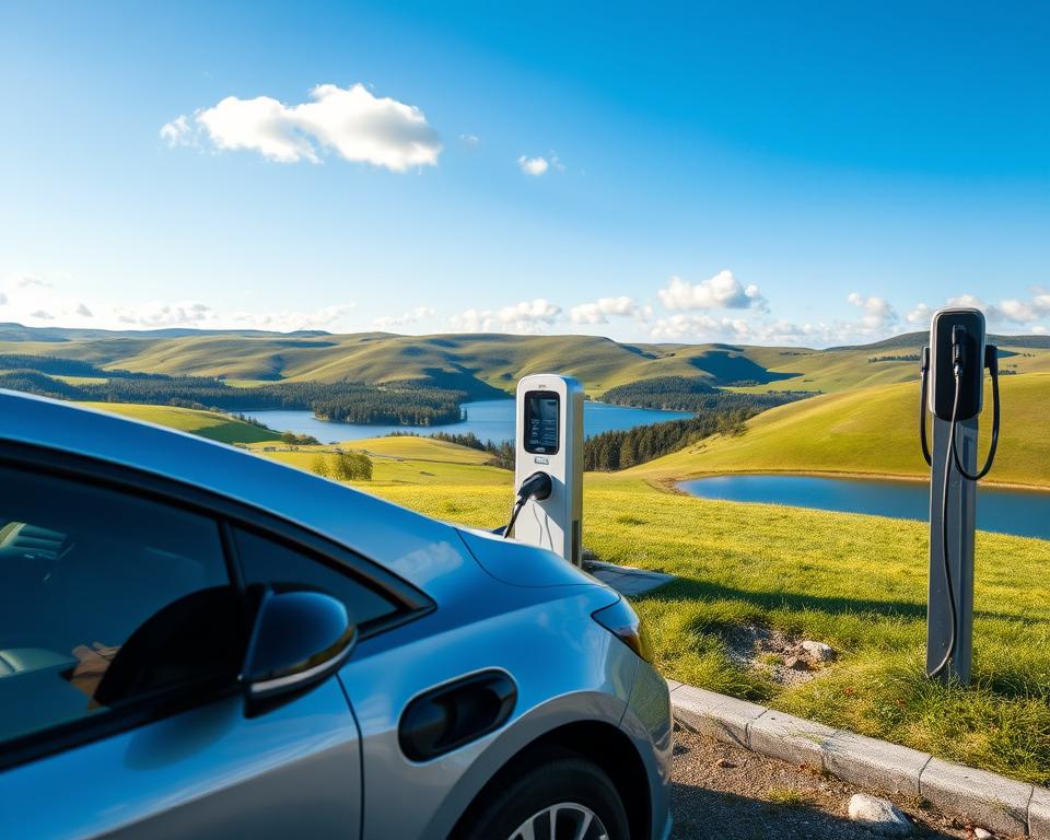 A picturesque electric vehicle charging station in Sweden, set amidst a lush green landscape. In the foreground, a sleek, modern electric car is parked at a charging station, with a charging cable connected to the vehicle. In the middle ground, the charging station features multiple charging points and is designed with eco-friendly materials. Surrounding the scene, rolling hills and a serene lake reflect the tranquility of rural Sweden. The background showcases a clear blue sky with a few fluffy clouds, suggesting a perfect sunny day. Soft, natural lighting enhances the ambiance, creating a sense of peace and sustainability. The atmosphere is inviting, encouraging travelers to embrace electric mobility while exploring the beauty of Sweden.