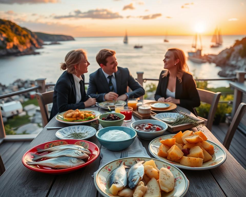 A picturesque scene depicting Swedish coastal cuisine, featuring a rustic wooden dining table set on a scenic seaside terrace. In the foreground, a vibrant spread of traditional dishes, including fresh pickled herring, creamy dill sauce, roasted potatoes, and lingonberry jam, beautifully arranged on colorful ceramic plates. Soft, warm lighting enhances the inviting atmosphere, with a gentle breeze causing the tablecloth to flutter slightly. In the middle, a couple of elegantly dressed individuals enjoying the meal, dressed in casual but neat attire, laughing and sharing stories. The background showcases the stunning Swedish archipelago, with rocky cliffs, lush greenery, and a serene blue sea dotted with sailboats under a golden sunset, adding a tranquil mood to the scene.