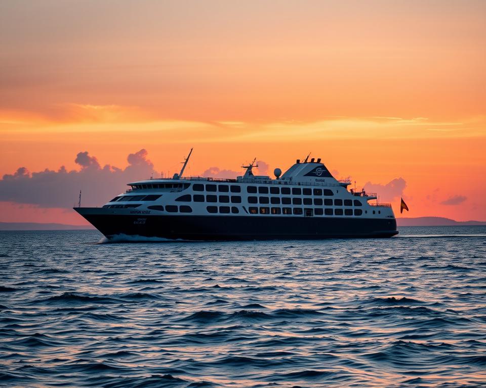 A picturesque scene depicting a ferry traveling between Göteborg and Kiel, set against a stunning sunset sky that casts warm hues of orange and pink. In the foreground, illustrate the sleek, modern ferry with its distinctive features, including a spacious deck and large windows, gliding over serene waters. In the middle ground, emphasize gentle waves and the silhouettes of distant landmasses of Sweden and Germany. The background should include fluffy clouds and the fading daylight, enhancing the tranquil atmosphere. Use soft lighting to create a peaceful mood, conveying the ease and comfort of ferry travel. The angle should be slightly elevated, offering a panoramic view of the ferry and the beautiful seascape. A picturesque scene depicting a ferry traveling between Göteborg and Kiel, set against a stunning sunset sky that casts warm hues of orange and pink. In the foreground, illustrate the sleek, modern ferry with its distinctive features, including a spacious deck and large windows, gliding over serene waters. In the middle ground, emphasize gentle waves and the silhouettes of distant landmasses of Sweden and Germany. The background should include fluffy clouds and the fading daylight, enhancing the tranquil atmosphere. Use soft lighting to create a peaceful mood, conveying the ease and comfort of ferry travel. The angle should be slightly elevated, offering a panoramic view of the ferry and the beautiful seascape.
