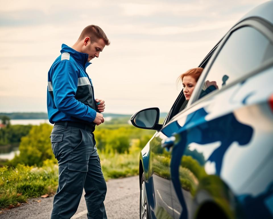 A picturesque scene depicting a roadside assistance scenario in Sweden. In the foreground, a professional-looking roadside assistance worker in a bright blue uniform is helping a driver whose car has broken down. The worker is inspecting the vehicle with focused attention, while the driver, dressed in modest casual clothing, looks relieved to receive help. In the middle ground, a tranquil Swedish landscape features lush green trees and a serene lake, with a hint of a distant red wooden house typical of Swedish architecture. The sky is clear with soft, natural lighting, creating a warm atmosphere. The angle captures both the action of the roadside assistance and the beauty of the surrounding environment, evoking a sense of safety and support during car troubles.
