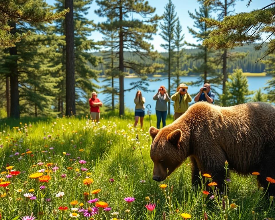 A picturesque scene showcasing bear tourism in Sweden, featuring a healthy adult brown bear foraging in a lush green forest, with vibrant wildflowers scattered across the foreground. In the middle ground, a small group of tourists, dressed in casual outdoor clothing, are observing the bear from a safe distance with binoculars, clearly fascinated. The background consists of towering evergreen trees and a serene lake, reflecting the bright blue sky. Soft sunlight filters through the branches, casting dappled shadows on the ground, creating a warm, inviting atmosphere. The overall mood is one of peaceful coexistence between nature and tourism, highlighting the economic significance of wildlife in rural regions. Use a moderate depth of field to ensure focus on both the bear and the tourists. A picturesque scene showcasing bear tourism in Sweden, featuring a healthy adult brown bear foraging in a lush green forest, with vibrant wildflowers scattered across the foreground. In the middle ground, a small group of tourists, dressed in casual outdoor clothing, are observing the bear from a safe distance with binoculars, clearly fascinated. The background consists of towering evergreen trees and a serene lake, reflecting the bright blue sky. Soft sunlight filters through the branches, casting dappled shadows on the ground, creating a warm, inviting atmosphere. The overall mood is one of peaceful coexistence between nature and tourism, highlighting the economic significance of wildlife in rural regions. Use a moderate depth of field to ensure focus on both the bear and the tourists.