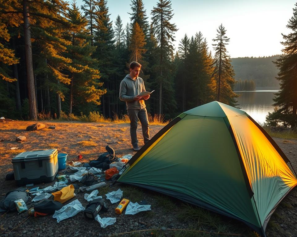 A picturesque scene showcasing common mistakes while wild camping in Sweden. In the foreground, a small, messy campsite with a tent that's half-setup, surrounded by scattered food wrappers and improperly stored gear. In the middle ground, a confused camper in modest casual clothing, looking at a map, with a slightly frustrated expression. In the background, dense Swedish forest with tall, lush trees, and a serene lake reflecting the soft golden light of sunset. The atmosphere is one of mild tension, emphasizing the challenges of wild camping. The angle is slightly elevated, providing a clear overview of the campsite and the environment, captured in vibrant colors with natural lighting, highlighting the essence of wild camping adventures. A picturesque scene showcasing common mistakes while wild camping in Sweden. In the foreground, a small, messy campsite with a tent that's half-setup, surrounded by scattered food wrappers and improperly stored gear. In the middle ground, a confused camper in modest casual clothing, looking at a map, with a slightly frustrated expression. In the background, dense Swedish forest with tall, lush trees, and a serene lake reflecting the soft golden light of sunset. The atmosphere is one of mild tension, emphasizing the challenges of wild camping. The angle is slightly elevated, providing a clear overview of the campsite and the environment, captured in vibrant colors with natural lighting, highlighting the essence of wild camping adventures.