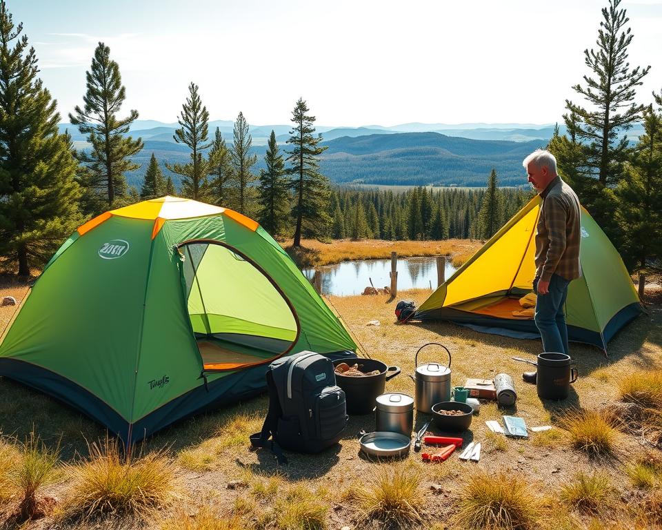 A picturesque scene showcasing essential camping gear in a serene Swedish wilderness. In the foreground, lay out a high-quality tent with vibrant colors, a well-organized backpack, cooking utensils, and a portable campfire set. In the middle ground, show lush green pine trees and a small, tranquil lake reflecting the clear blue sky. Add a person dressed in modest outdoor clothing, focused on setting up the tent, emphasizing the adventurous spirit of wild camping. The background should display distant rolling hills under soft sunlight, creating a warm and inviting atmosphere. Use natural lighting to highlight the textures of the gear and the beauty of the landscape, with a wide-angle perspective to capture the expansive wilderness. A picturesque scene showcasing essential camping gear in a serene Swedish wilderness. In the foreground, lay out a high-quality tent with vibrant colors, a well-organized backpack, cooking utensils, and a portable campfire set. In the middle ground, show lush green pine trees and a small, tranquil lake reflecting the clear blue sky. Add a person dressed in modest outdoor clothing, focused on setting up the tent, emphasizing the adventurous spirit of wild camping. The background should display distant rolling hills under soft sunlight, creating a warm and inviting atmosphere. Use natural lighting to highlight the textures of the gear and the beauty of the landscape, with a wide-angle perspective to capture the expansive wilderness.