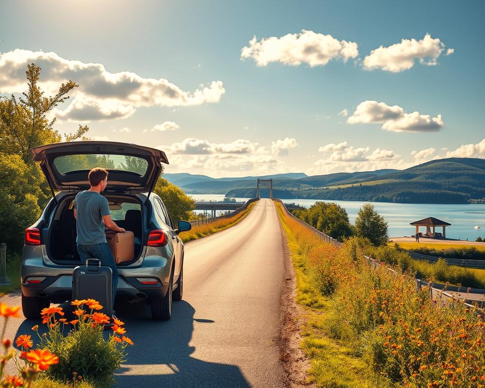 A picturesque summer scene depicting the journey from Germany to Sweden. In the foreground, a couple in casual clothing joyfully loading their luggage into a stylish car parked beside a charming, sunlit road lined with lush greenery. The middle ground features a scenic bridge leading towards Sweden, adorned with vibrant wildflowers on each side, while soft fluffy clouds float in a bright blue sky. In the background, glimpses of majestic Swedish landscapes, including rolling hills and shimmering lakes, create an inviting ambiance. The lighting is warm and golden, reminiscent of a summer afternoon, evoking a sense of adventure and relaxation. Shot from a slight elevation angle to capture both the car and the sweeping landscape.