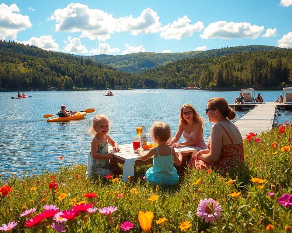 A picturesque summer scene in Sweden, capturing a serene lake surrounded by lush green forests and wildflowers in vibrant colors. In the foreground, a family enjoying a picnic, with children playing and smiling, dressed in light, colorful summer clothing. In the middle ground, kayakers glide across the crystal-clear water, and a wooden dock extends into the lake, where people are relaxing on sun loungers. The background features rolling hills under a bright blue sky dotted with fluffy white clouds, complemented by warm, golden sunlight filtering through the trees, creating a soft, inviting atmosphere. The overall mood is joyful and peaceful, embodying the essence of a perfect summer day in Sweden.