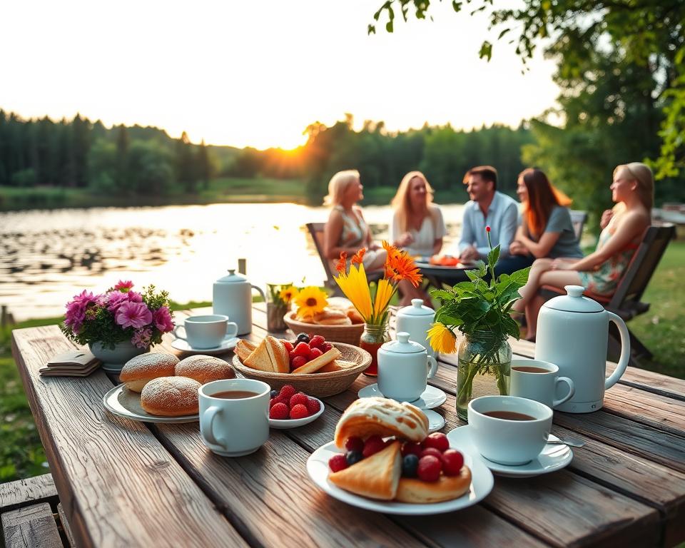A picturesque summer scene showcasing Swedish cuisine, featuring a rustic wooden table set beside a serene lake. In the foreground, a delightful spread of Fika treats, including cinnamon buns, fresh berries, and coffee, surrounded by colorful flowers. In the middle ground, friends dressed in modest casual summer attire enjoy a lively grill evening, with a barbecue sizzling and laughter filling the air. The background reveals lush green trees and a soft sunset casting a warm golden light over the scene. Capture the vibrant colors and the relaxed, joyful atmosphere of a perfect Swedish summer, focusing on a slightly elevated angle for a comprehensive view, all while ensuring the image is bright and inviting.