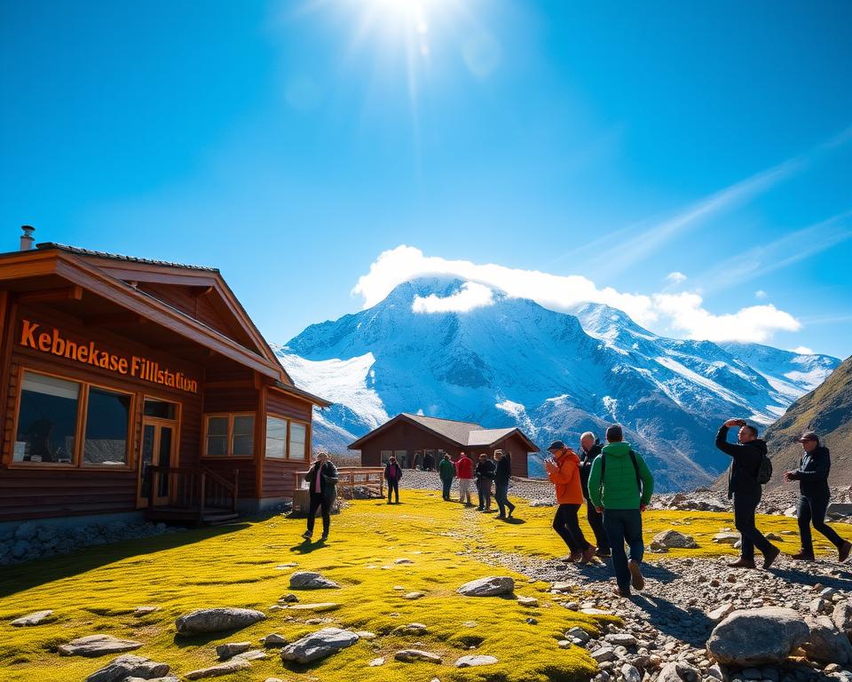 A picturesque view of Kebnekaise Fjällstation, nestled among majestic, snow-capped mountains under a clear blue sky. In the foreground, a welcoming wooden lodge with a warm, inviting exterior and large windows reflecting sunlight, surrounded by patches of green moss and stones. In the middle ground, hikers in modest casual clothing are enjoying the serene surroundings, capturing memories with their smartphones. The background features the towering Kebnekaise mountain, shrouded partly in wispy clouds, enhancing the majestic atmosphere of the scene. Soft sunlight casts gentle shadows, creating a tranquil yet vibrant ambiance. Use a wide-angle lens to capture the grandeur of the landscape, emphasizing the connection between the fjällstation and its breathtaking natural surroundings.