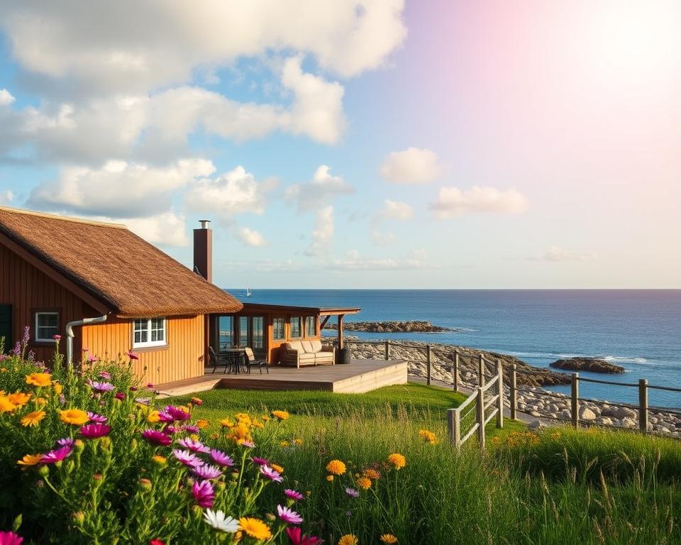 A picturesque view of "Unterkunft Schärengarten," situated on a serene island in the Swedish archipelago. In the foreground, vibrant wildflowers bloom near a traditional wooden cabin with a thatched roof, evoking a cozy atmosphere. The middle ground features a welcoming patio with comfortable outdoor furniture, inviting guests to relax and enjoy the stunning views. In the background, gentle waves lapping against rocky shores under a clear blue sky highlight the natural beauty of the archipelago. Soft, warm sunlight filters through fluffy clouds, creating a tranquil and inviting ambiance. The scene captures the essence of a perfect getaway, balanced between nature and comfortable accommodation, ideal for exploring the stunning coastal beauty of Sweden.